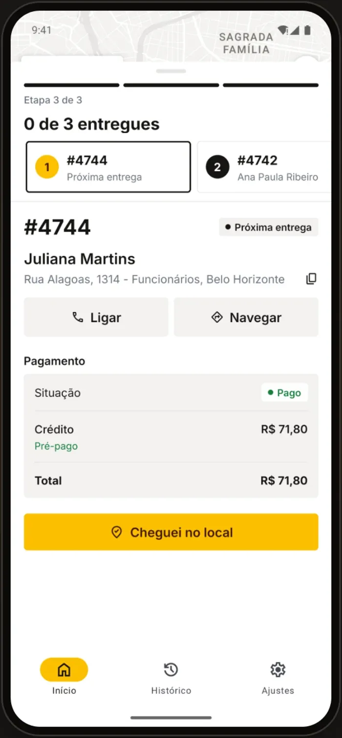 Tela do app com os dados da próxima entrega, botões de ligar e navegar e o pagamento
